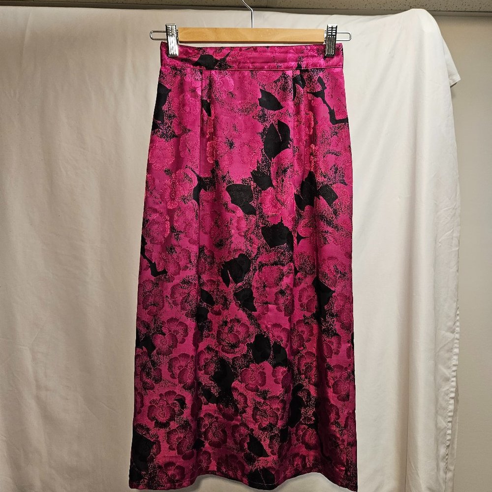 Melody Brooke 5 fushia floral rose skirt shiny metallic maxi vintage pleated